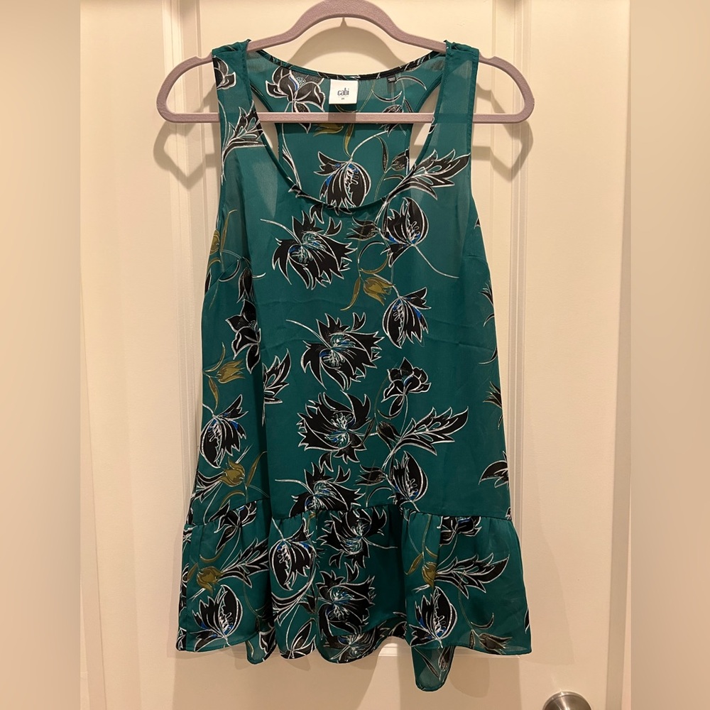 CAbi Teal and Black Patterned Sleeveless Blouse